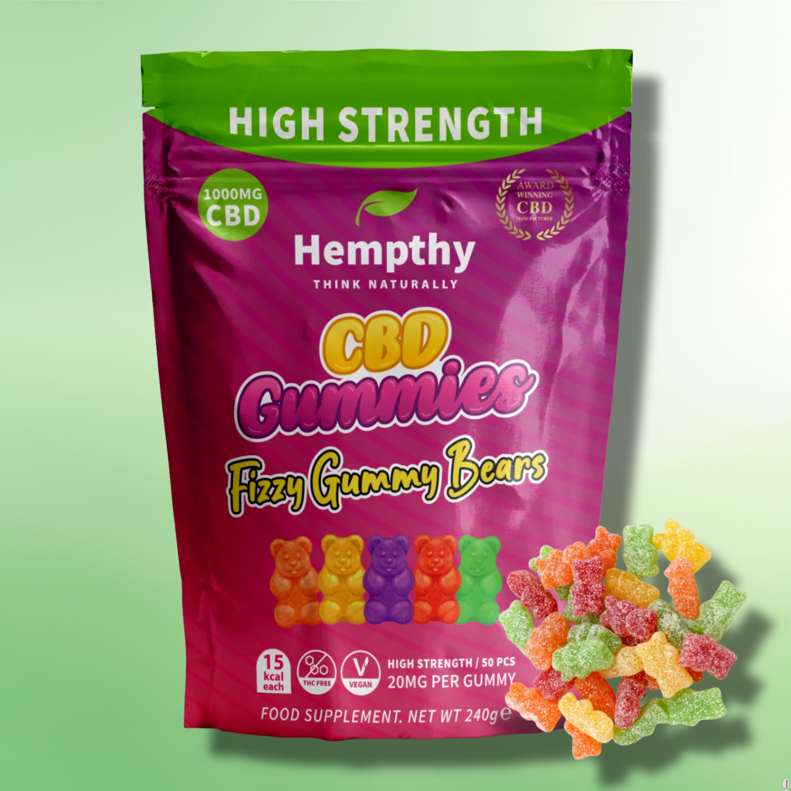 High Strength CBD Gummies by Hempthy - 99.9% CBD Isolate - 1000mg - 50 Pcs