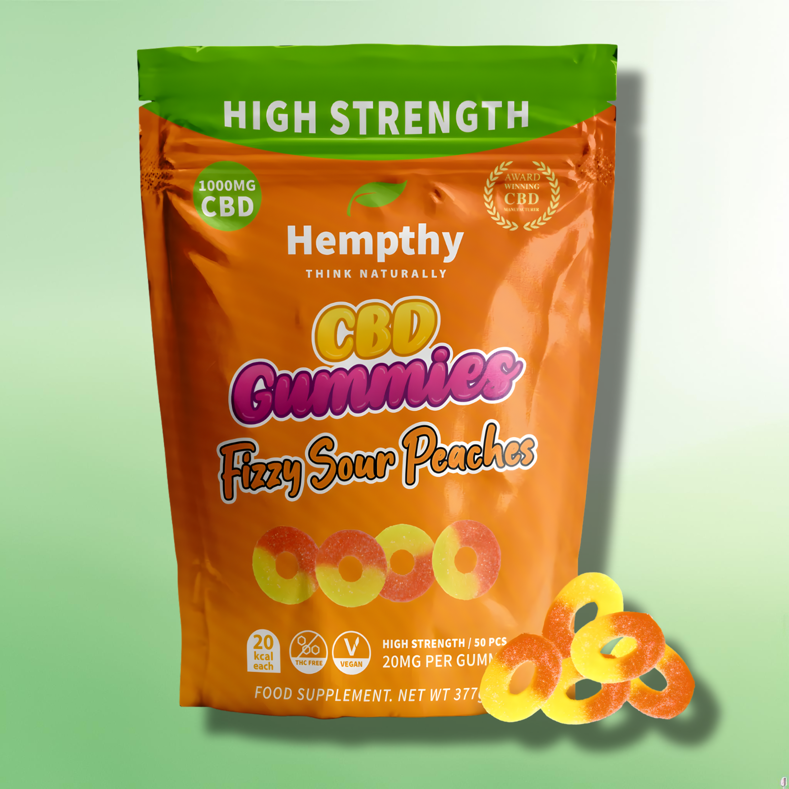 High Strength CBD Gummies by Hempthy - 99.9% CBD Isolate - 1000mg - 50 Pcs