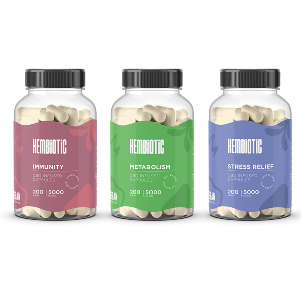 Organic CBD Capsules by Hembiotic - 750mg to 5000mg - Gluten Free - 30/200 Caps